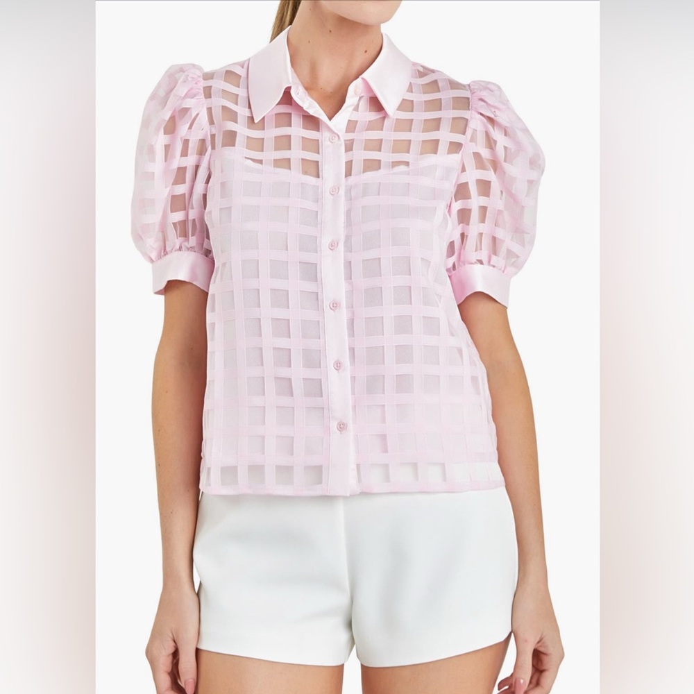English Factory Pink Sheer Grid Button-Down Blouse - Picture 4 of 16